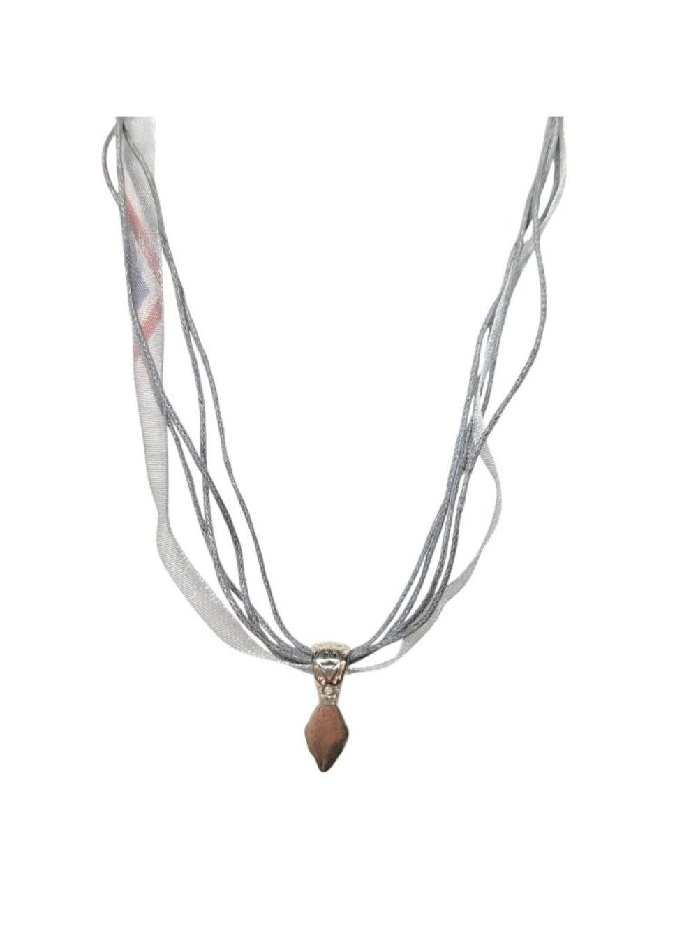 Gray Multi Strand Ribbon Cord Necklace Silver Tone Hammered Pendant Boho Y2K